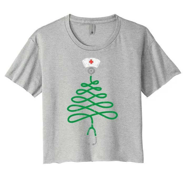 Stethoscope Christmas Tree Nurse Christmas Pajamas Xmas Pjs Gift Women's Crop Top Tee