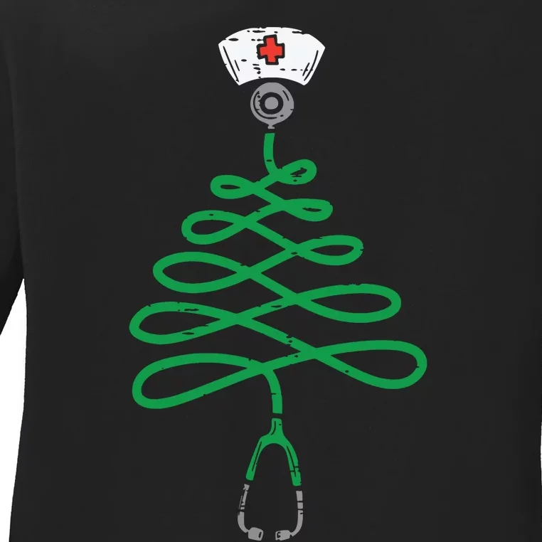 Stethoscope Christmas Tree Nurse Christmas Scrub Top Xmas Ladies Long Sleeve Shirt