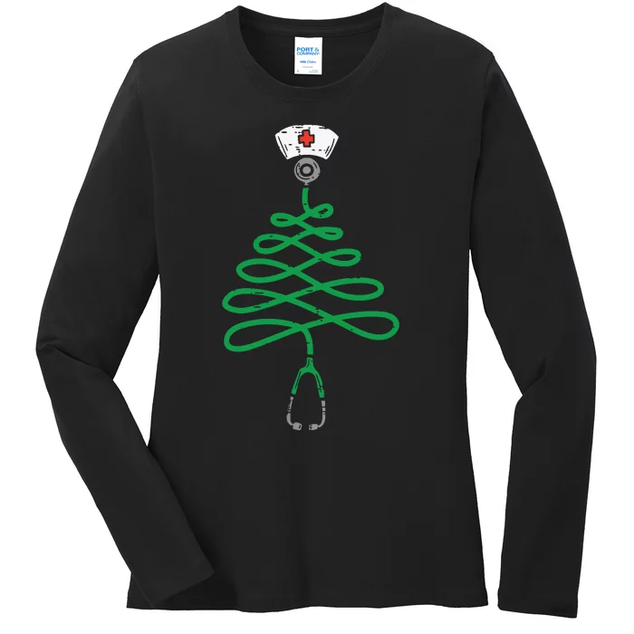 Stethoscope Christmas Tree Nurse Christmas Scrub Top Xmas Ladies Long Sleeve Shirt