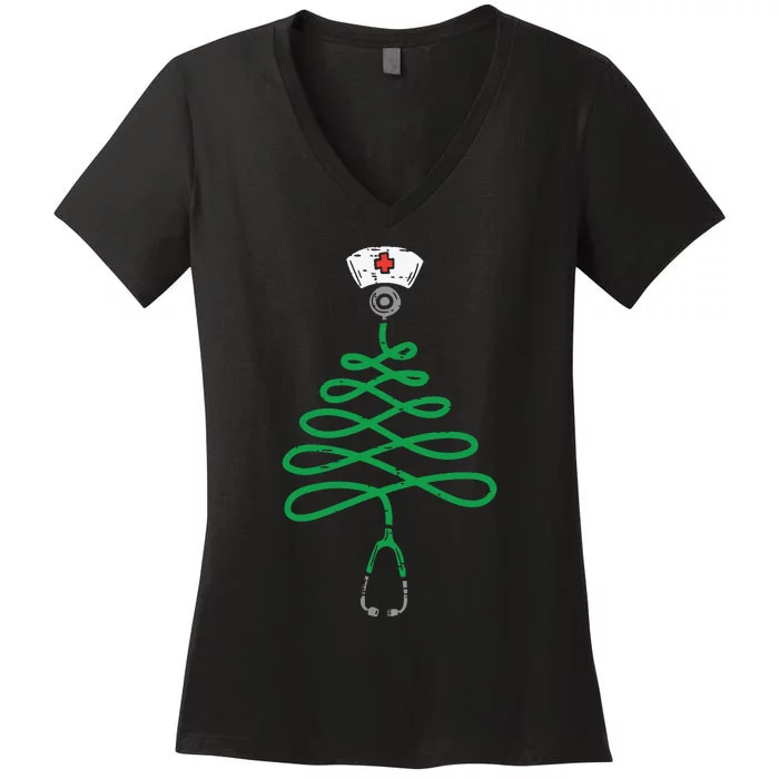 Stethoscope Christmas Tree Nurse Christmas Scrub Top Xmas Women's V-Neck T-Shirt