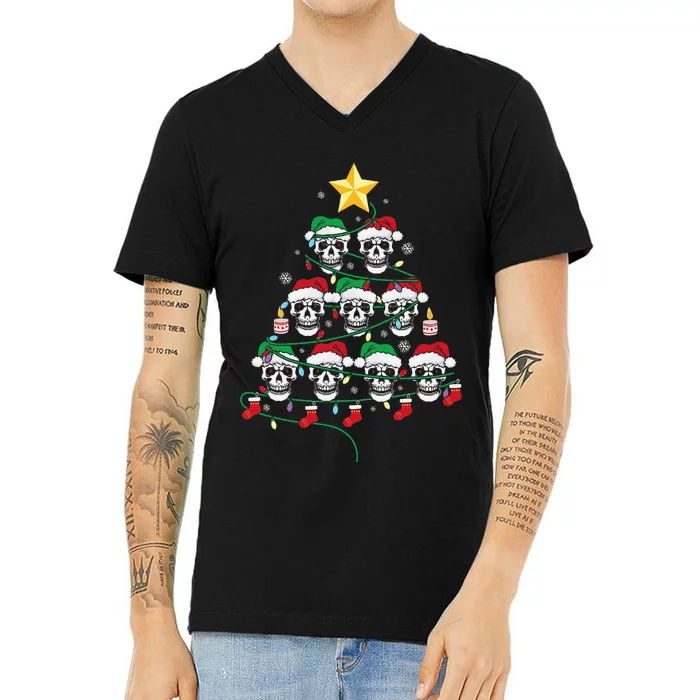 Skull Christmas Tree Pajama Cool Skeleton Santa Hat V-Neck T-Shirt