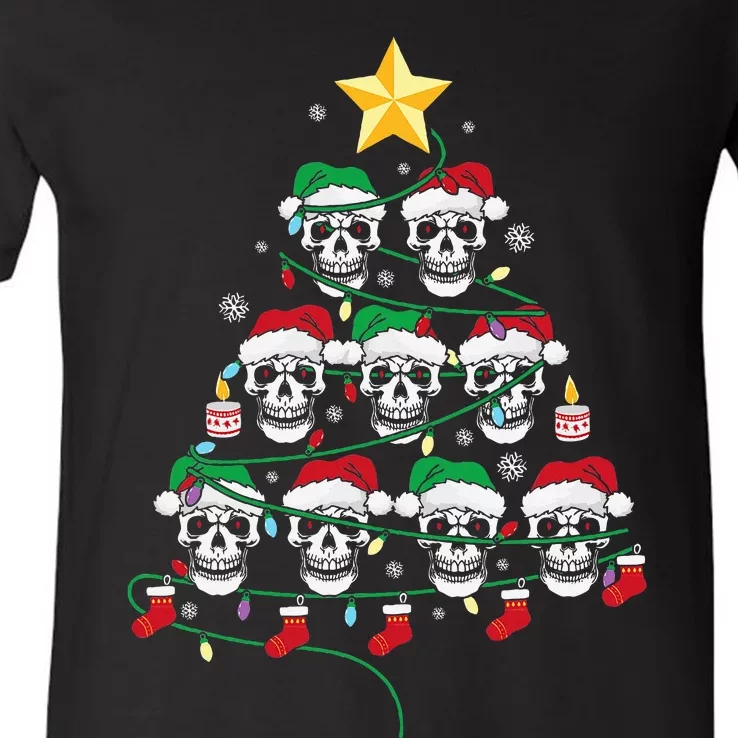 Skull Christmas Tree Pajama Cool Skeleton Santa Hat V-Neck T-Shirt