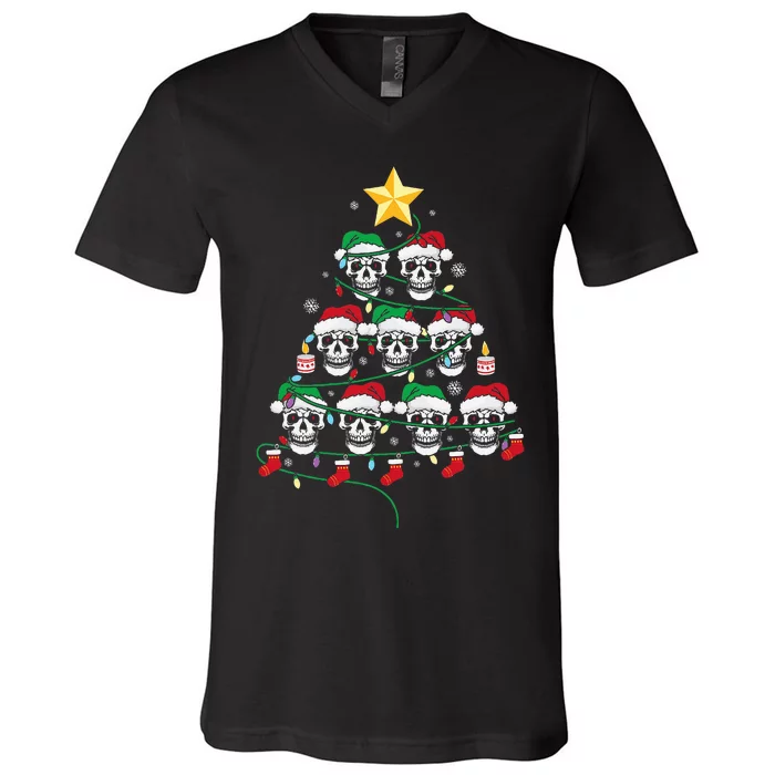 Skull Christmas Tree Pajama Cool Skeleton Santa Hat V-Neck T-Shirt