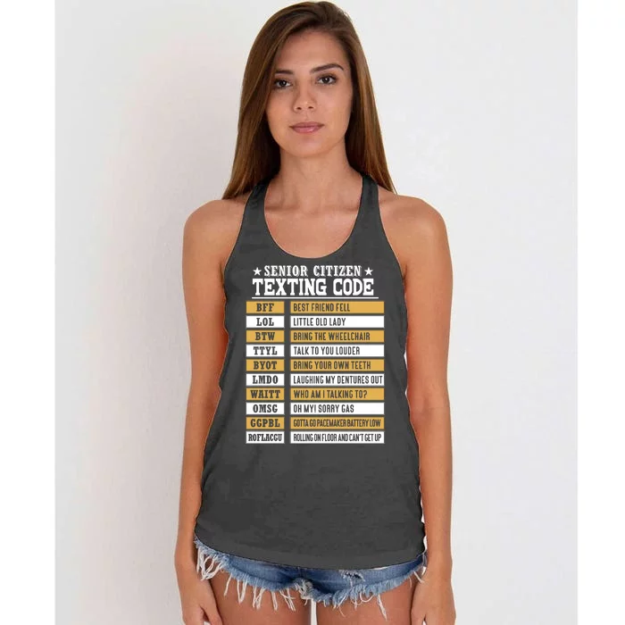 Senior Citizen Texting Code Funny Old People Gift Women's Knotted Racerback Tank