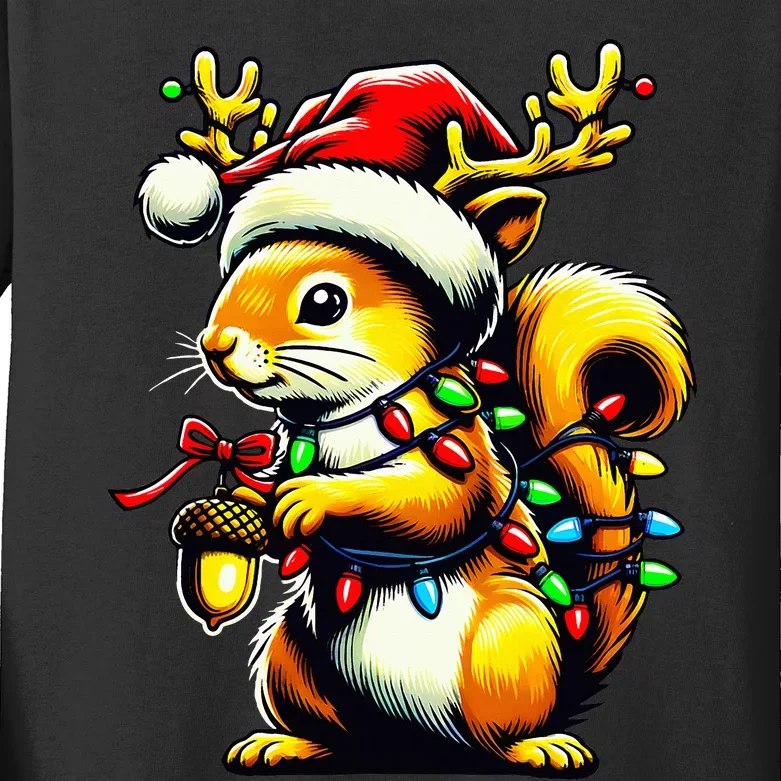 Squirrel Christmas Tree Lights Reindeer Santa Hat Xmas Kids Long Sleeve Shirt