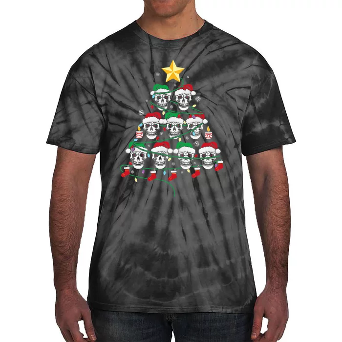 Skull Christmas Tree Pajama Cool Skeleton Santa Hat XMas Tie-Dye T-Shirt