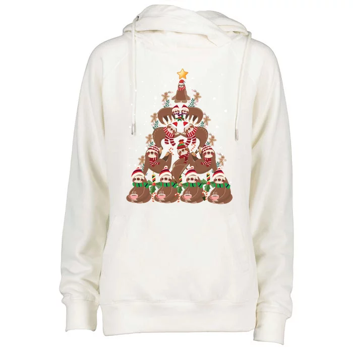 Sloth Christmas Tree Merry Slothmas Xmas Sloth Cool Gift Womens Funnel Neck Pullover Hood