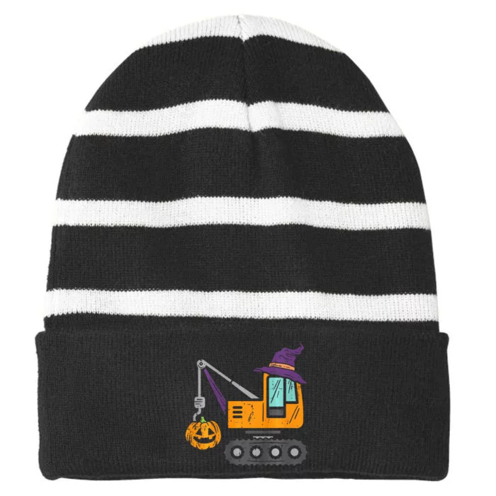 Spooky Crane Truck Pumpkin Halloween Costume Striped Beanie with Solid Band