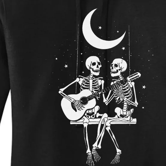 Skeleton Couple Under The Moon Playing Guitar Graphic Women's Pullover Hoodie