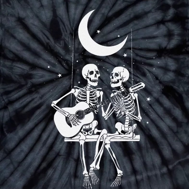 Skeleton Couple Under The Moon Playing Guitar Graphic Tie-Dye T-Shirt