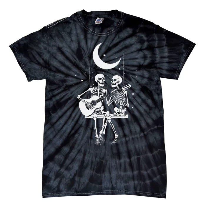 Skeleton Couple Under The Moon Playing Guitar Graphic Tie-Dye T-Shirt