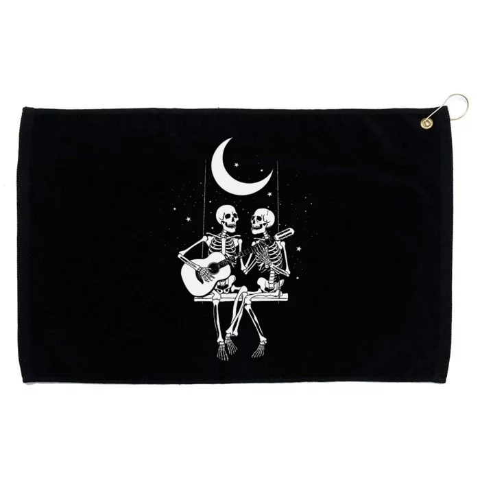 Skeleton Couple Under The Moon Playing Guitar Graphic Grommeted Golf Towel