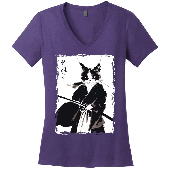 Samurai Cat Vintage Ukiyo E Cool Warrior Cat Japanese Art Women's V-Neck T-Shirt