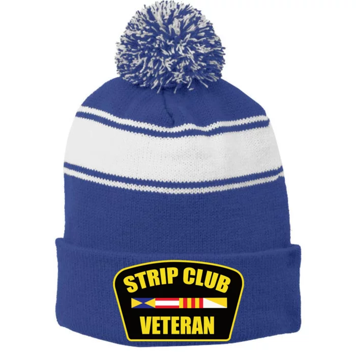 Strip Club Veteran Funny Joke Club Badge Emblem Humor Graphic Stripe Pom Pom Beanie