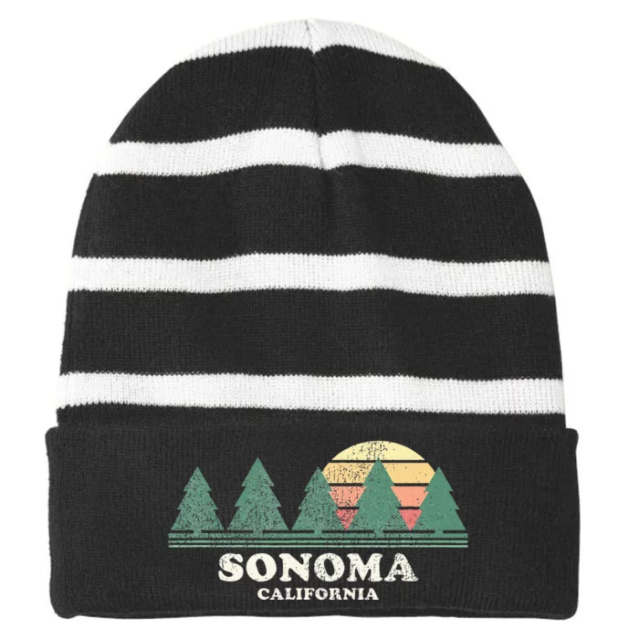 Sonoma Ca Vintage Throwback Retro 70s Striped Beanie with Solid Band