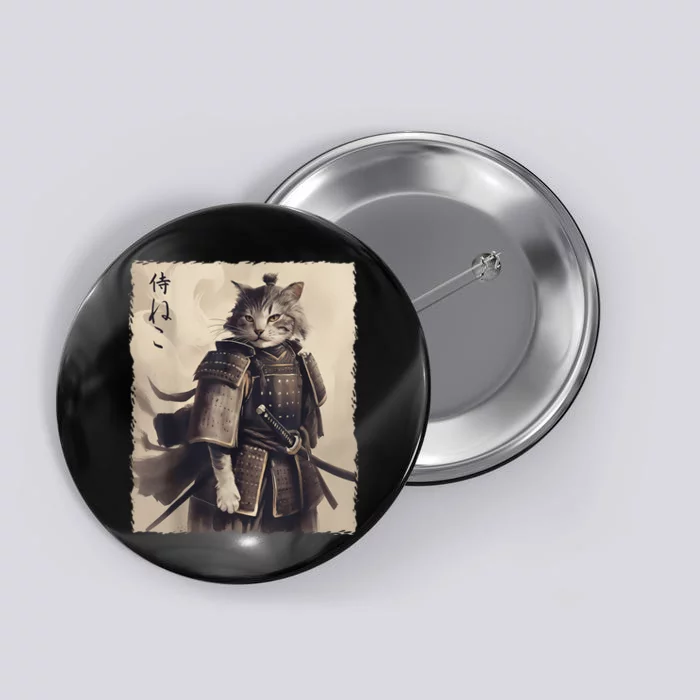 Samurai Cat Vintage Ukiyo E Cool Warrior Cat Japanese Art Button