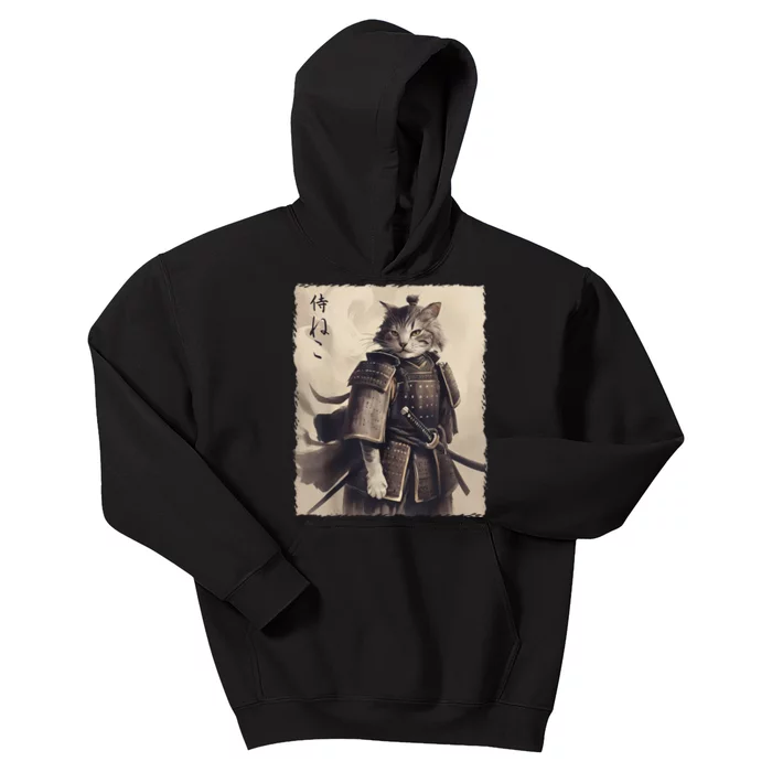 Samurai Cat Vintage Ukiyo E Cool Warrior Cat Japanese Art Kids Hoodie