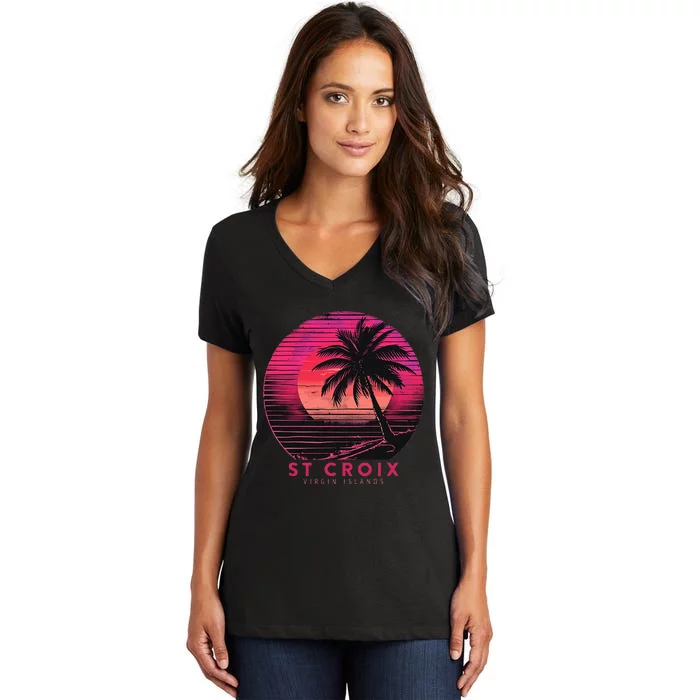 St Croix Virgin Islands Vintage Vacation Beach Palm Trees Women's V-Neck T-Shirt