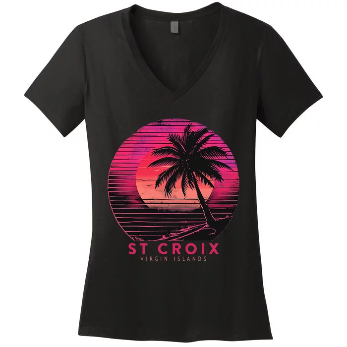 St Croix Virgin Islands Vintage Vacation Beach Palm Trees Women's V-Neck T-Shirt