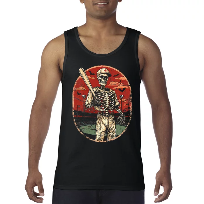 Spooky Creepy Vintage Baseball Skeleton Halloween Tank Top