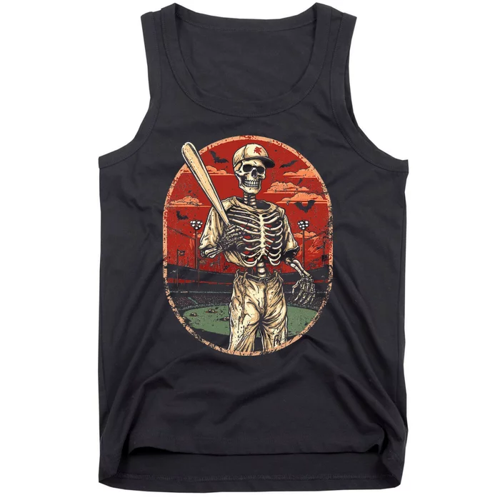 Spooky Creepy Vintage Baseball Skeleton Halloween Tank Top