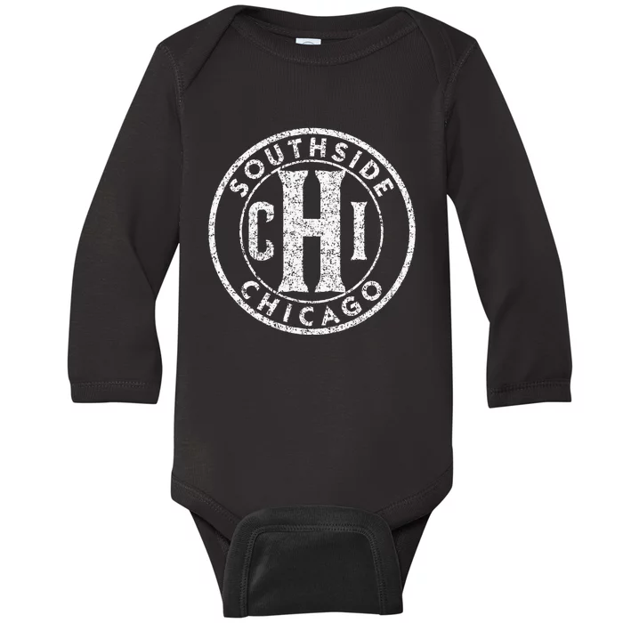 Southside Chicago Vintage Sign Distressed White Print Baby Long Sleeve Bodysuit