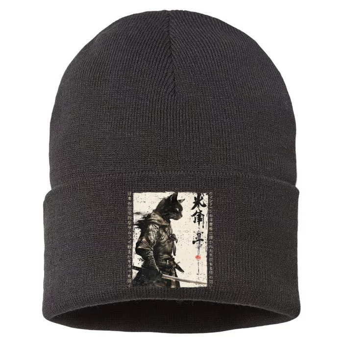 Samurai Cat Warrior Ukiyo Ink Artwork Cat Samurai Sustainable Knit Beanie