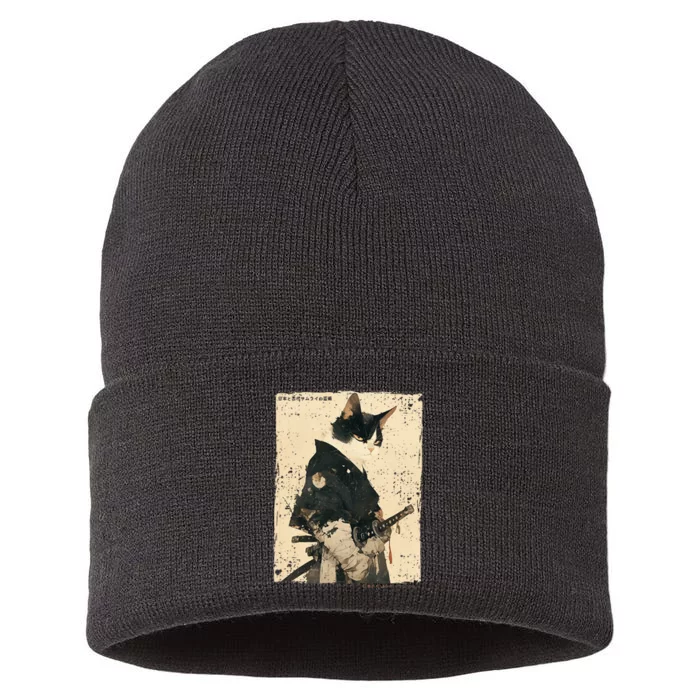 Samurai Cat Warrior Ukiyo Ink Artwork Cat Samurai Sustainable Knit Beanie