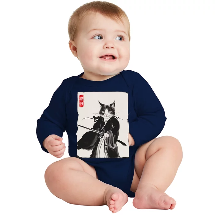 Samurai Cat Warrior Ink Art Funny Japanese Style Baby Long Sleeve Bodysuit