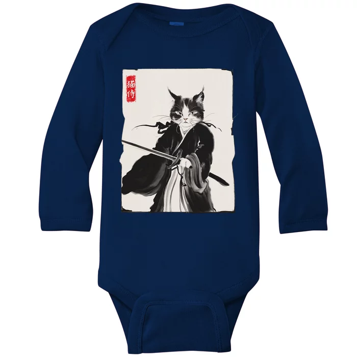 Samurai Cat Warrior Ink Art Funny Japanese Style Baby Long Sleeve Bodysuit