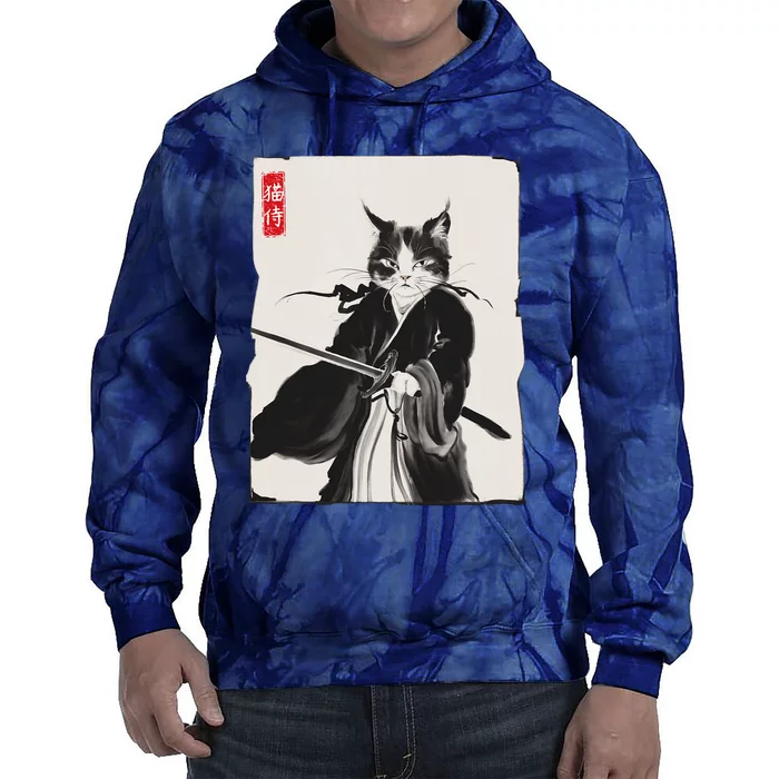 Samurai Cat Warrior Ink Art Funny Japanese Style Tie Dye Hoodie