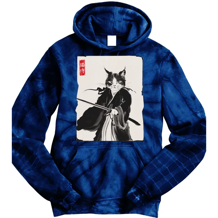 Samurai Cat Warrior Ink Art Funny Japanese Style Tie Dye Hoodie