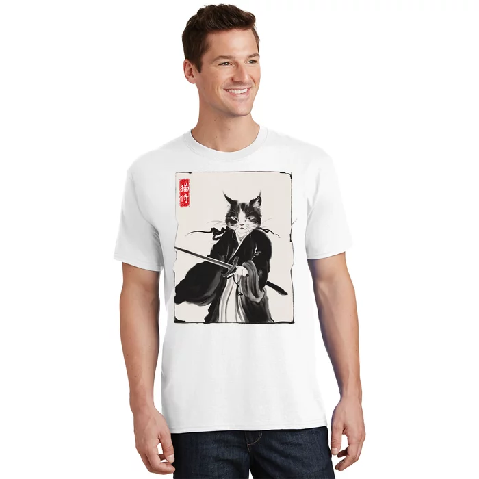 Samurai Cat Warrior Ink Art Funny Japanese Style T-Shirt