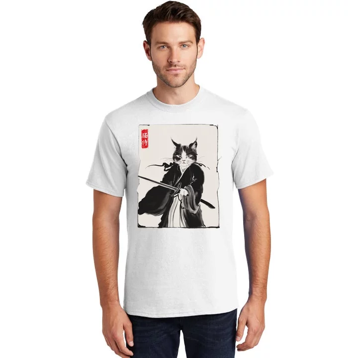 Samurai Cat Warrior Ink Art Funny Japanese Style Tall T-Shirt