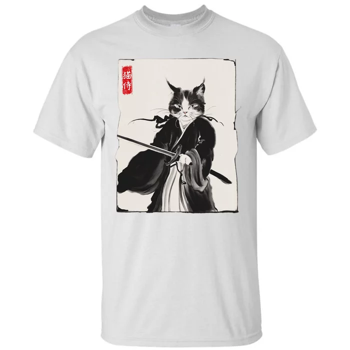 Samurai Cat Warrior Ink Art Funny Japanese Style Tall T-Shirt