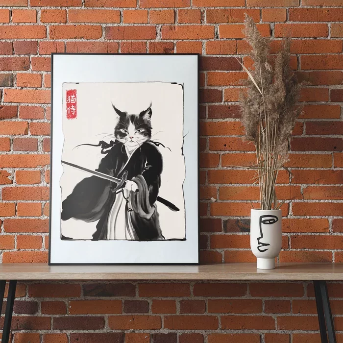 Samurai Cat Warrior Ink Art Funny Japanese Style Poster