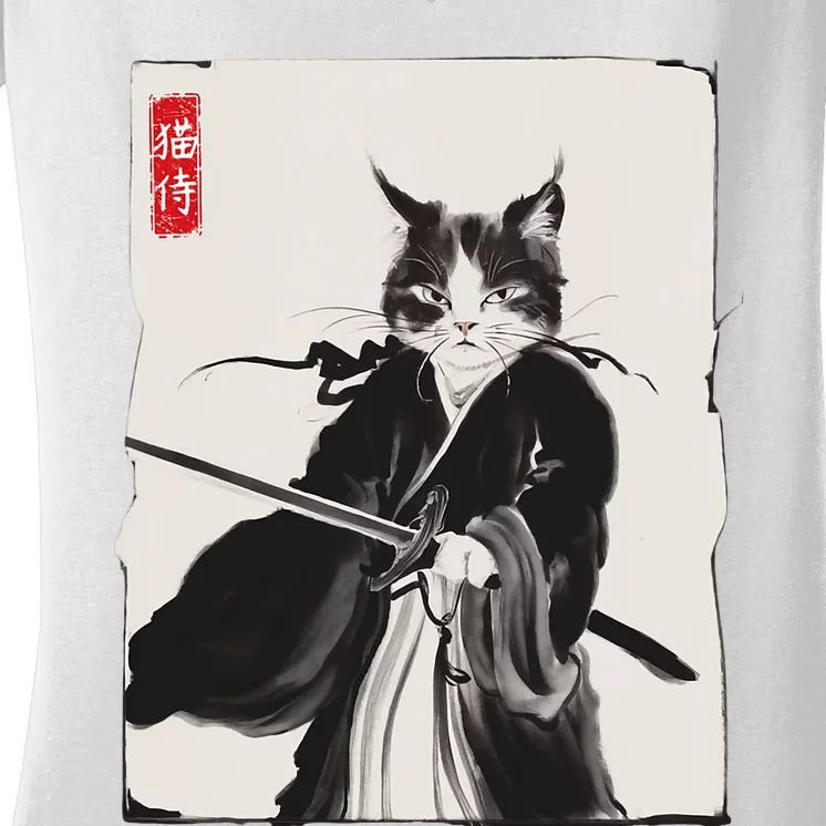 Samurai Cat Warrior Ink Art Funny Japanese Style Women's V-Neck T-Shirt