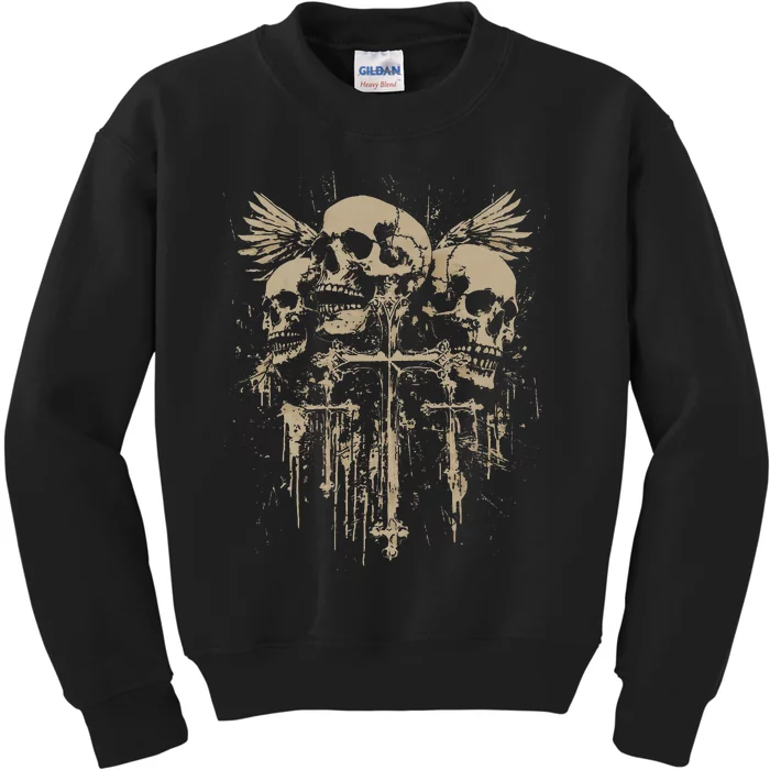 Skull Cross Wings Goth Alt Grunge Gothic Emo Aesthetic Kids Sweatshirt