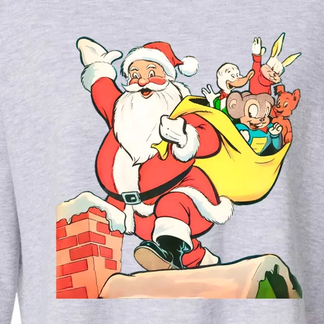 Santa Claus With His Friends On The Roof By The Fireplace At Christmas Retro Vin Cropped Pullover Crew