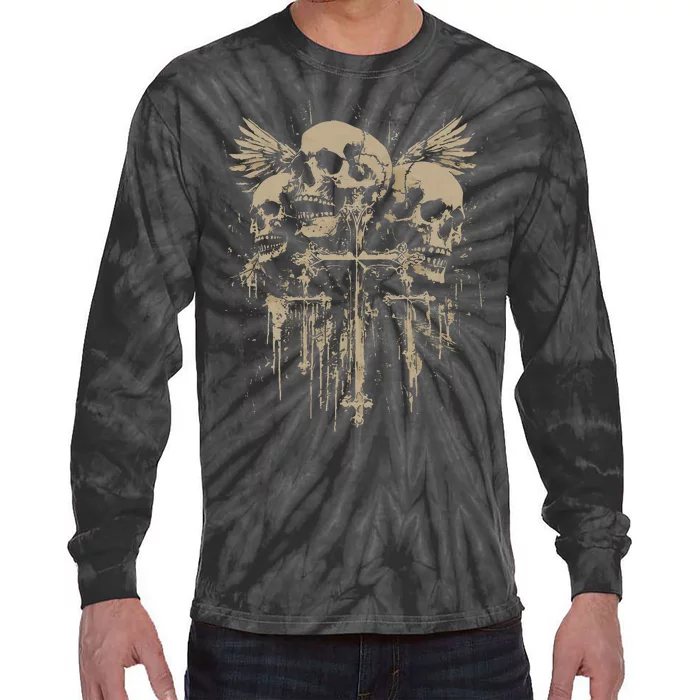 Skull Cross Wings Goth Alt Grunge Gothic Emo Aesthetic Tie-Dye Long Sleeve Shirt