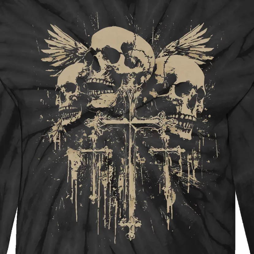 Skull Cross Wings Goth Alt Grunge Gothic Emo Aesthetic Tie-Dye Long Sleeve Shirt