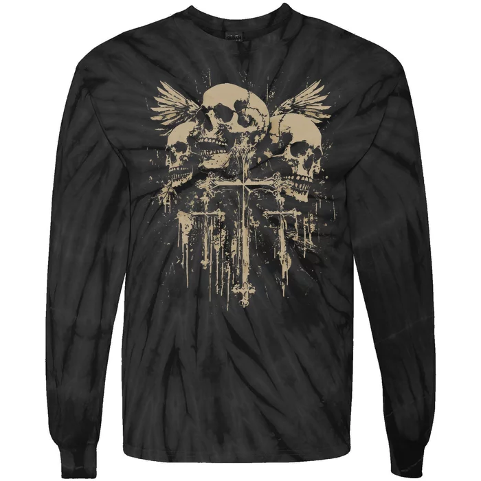 Skull Cross Wings Goth Alt Grunge Gothic Emo Aesthetic Tie-Dye Long Sleeve Shirt