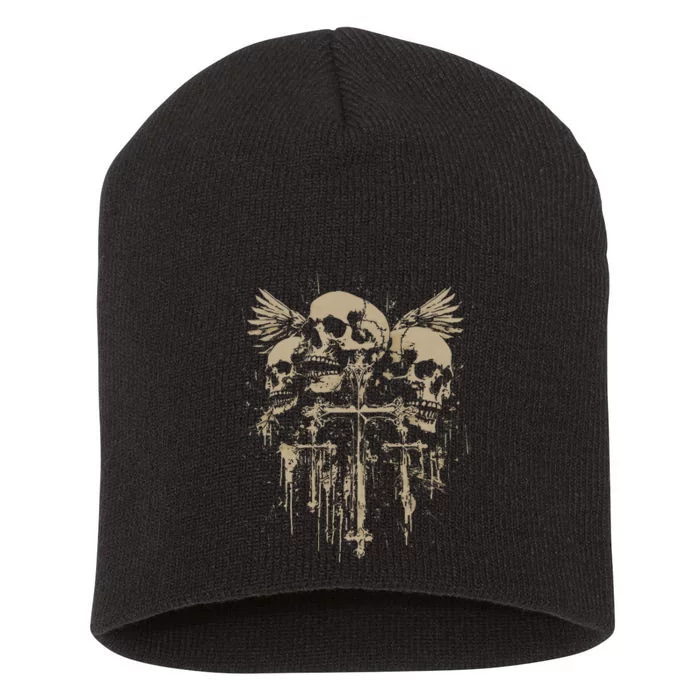 Skull Cross Wings Goth Alt Grunge Gothic Emo Aesthetic Short Acrylic Beanie