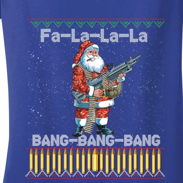 Santa Claus With A Big Gun Singing Christmas Song Funny Ugly Funny Gift Women's V-Neck T-Shirt