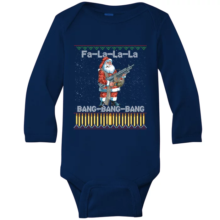 Santa Claus With A Big Gun Singing Christmas Song Funny Ugly Funny Gift Baby Long Sleeve Bodysuit