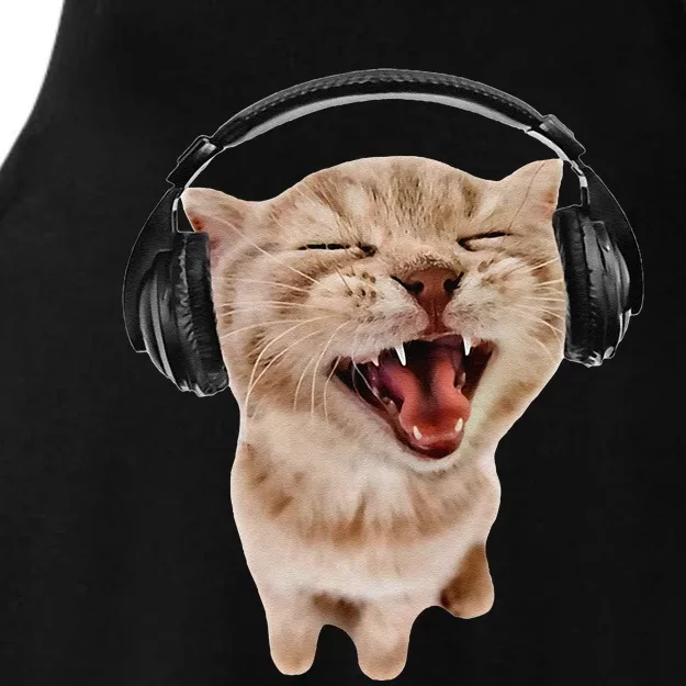 Silly Cat With Headphones Ladies Tri-Blend Wicking Tank