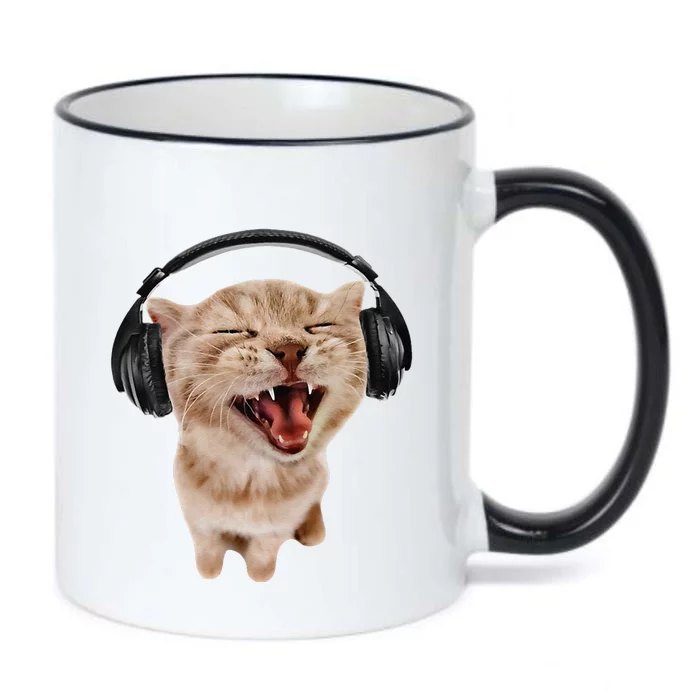 Silly Cat With Headphones Black Color Changing Mug