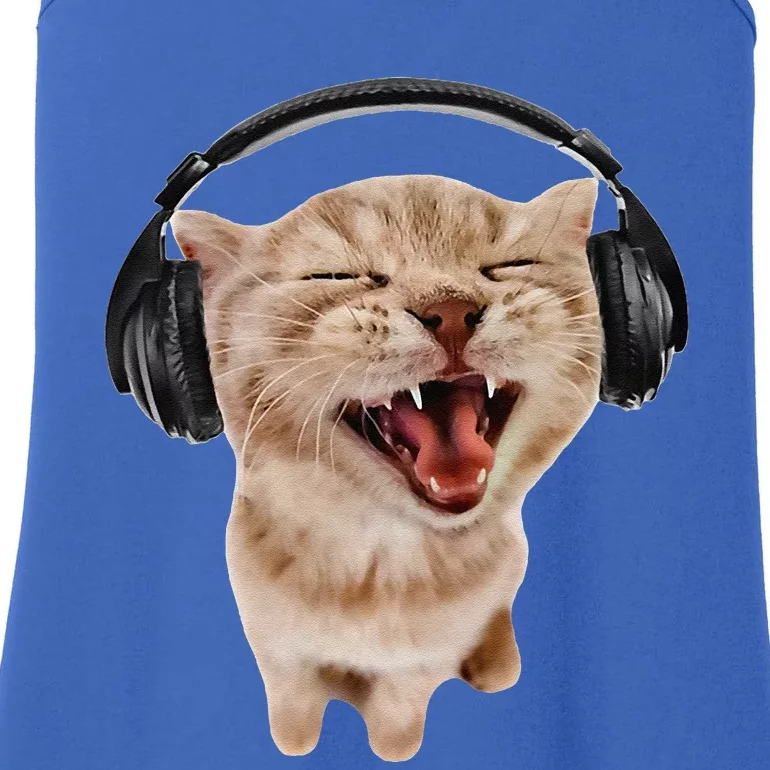 Silly Cat With Headphones Ladies Essential Tank