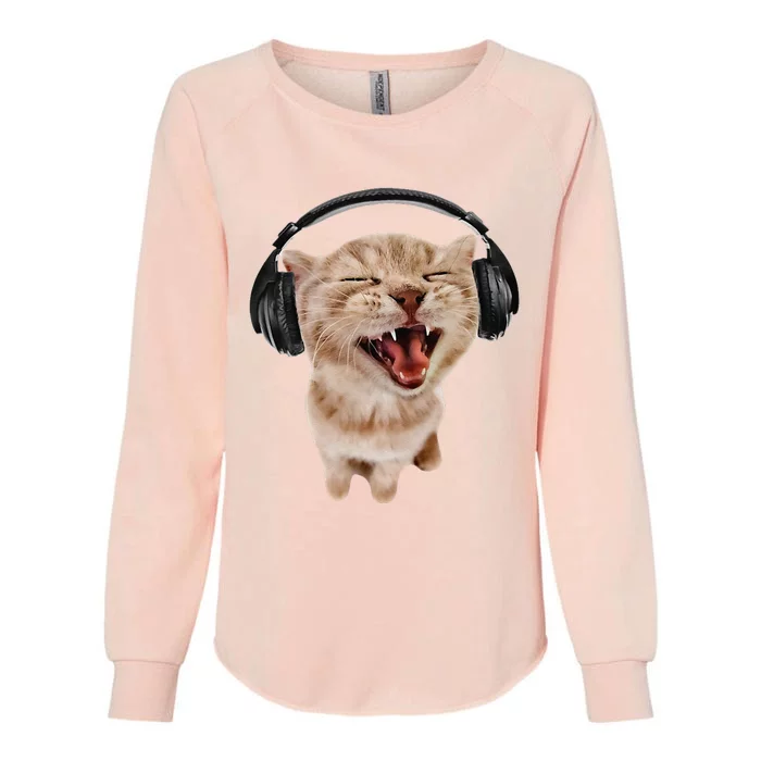 Silly Cat With Headphones Womens California Wash Sweatshirt