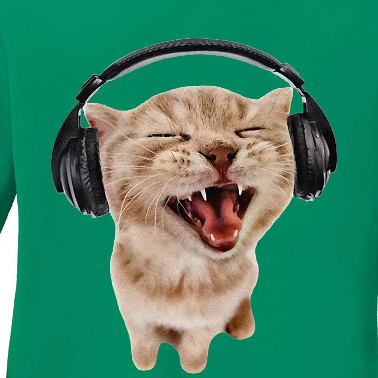 Silly Cat With Headphones Ladies Long Sleeve Shirt